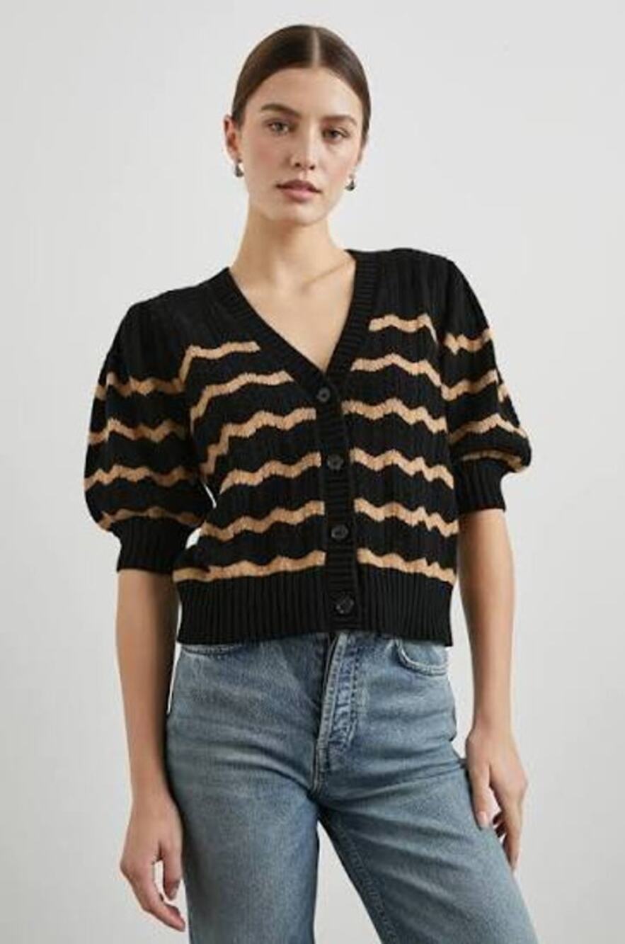 Rails Wool Blend Isla Short Sleeve Cardigan Sweater Black Camel Stripe Size XS